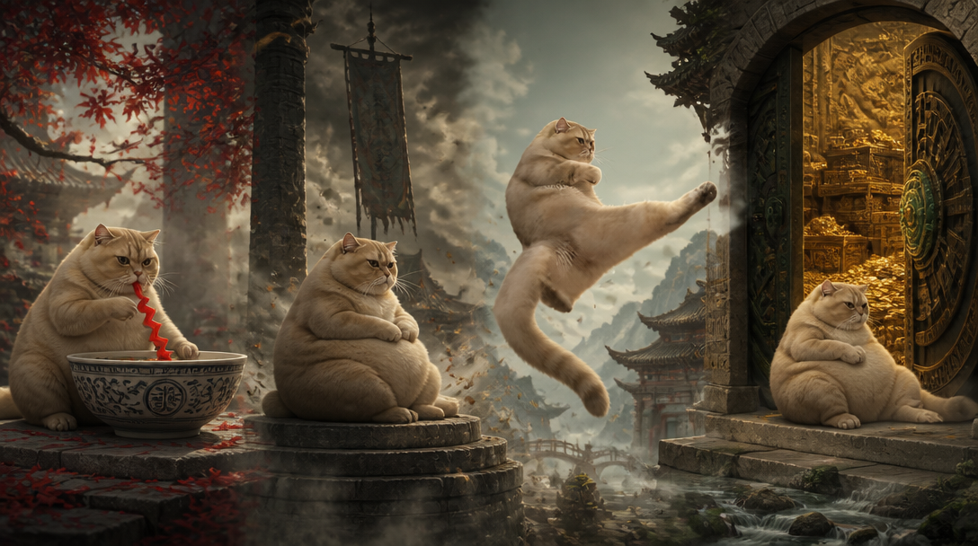 Four cinematic KAT sacred-technique scenes